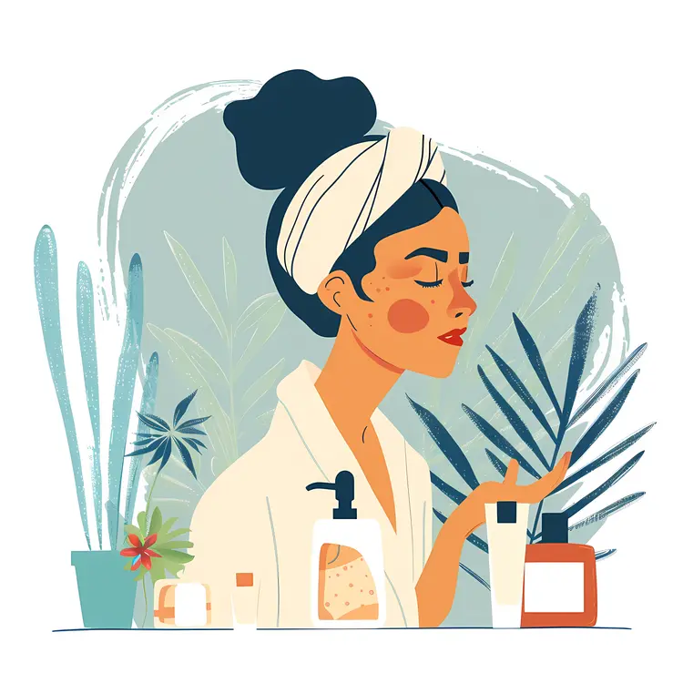 Woman with Skincare Products and Plants