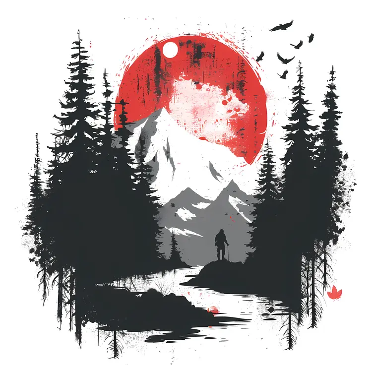 Mountain Silhouette with Red Sun
