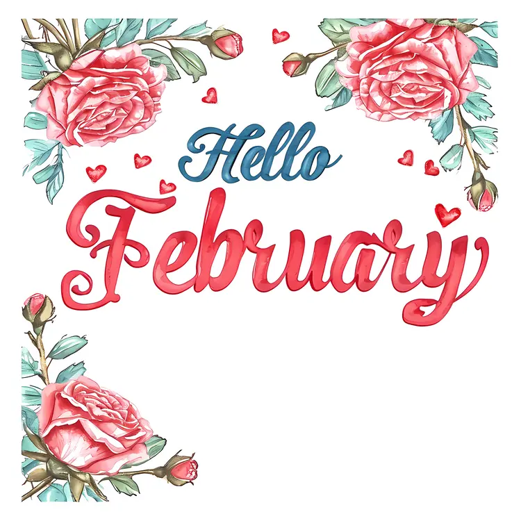 Decorative Hello February Text with Roses