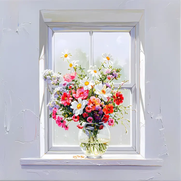 Bright Flower Vase with Daisies by the Window