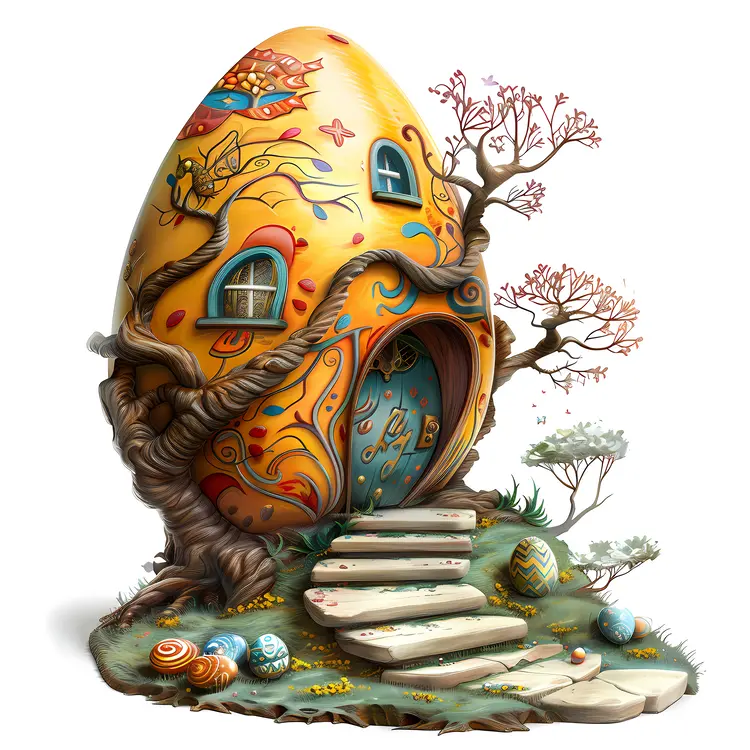 Whimsical Egg-shaped House with Tree and Steps