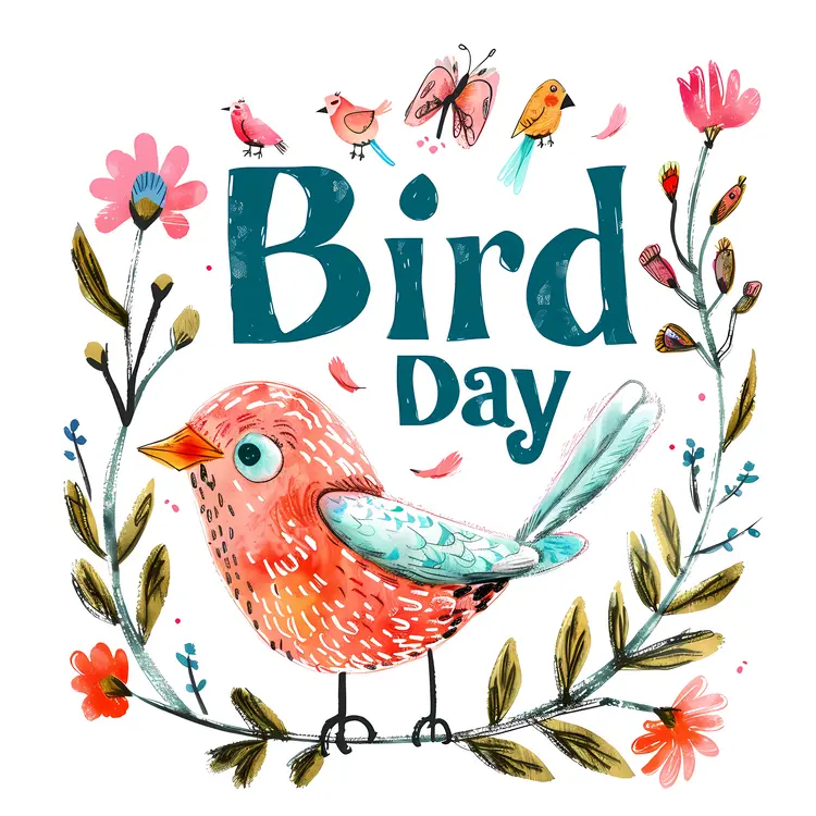 Bird Day Illustration with Flowers and Text