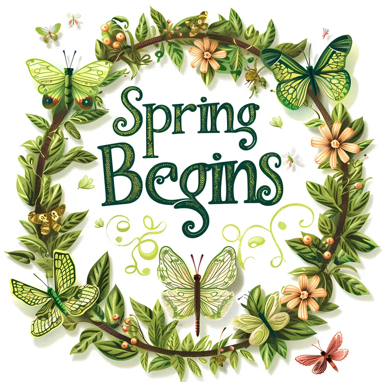 Spring Begins Text with Green Butterflies and Flowers