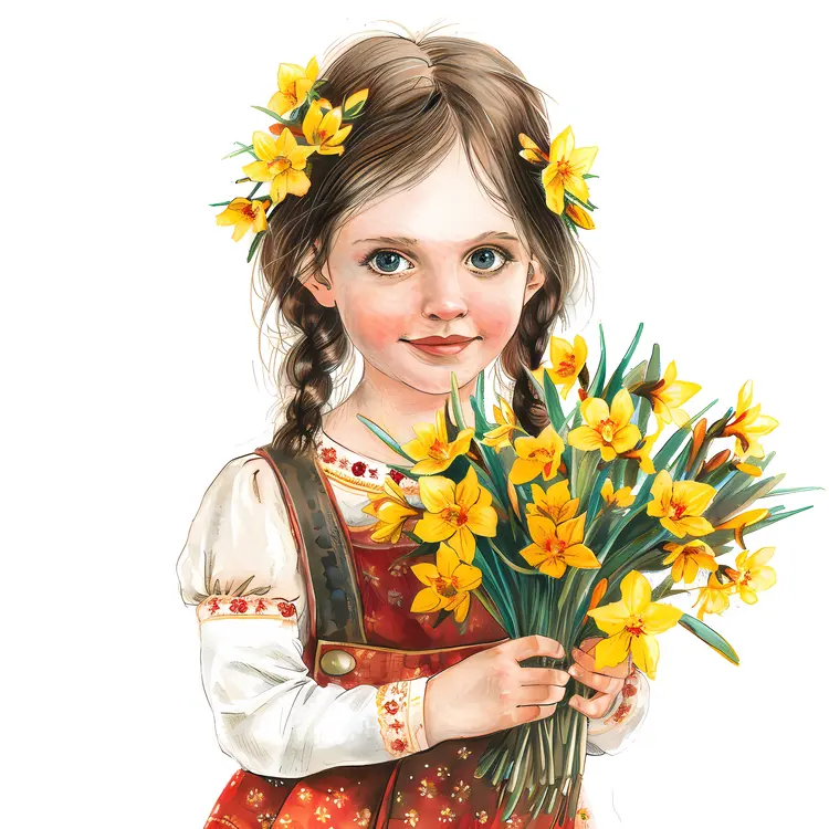 Girl Holding Yellow Daffodils with Flowers in Hair