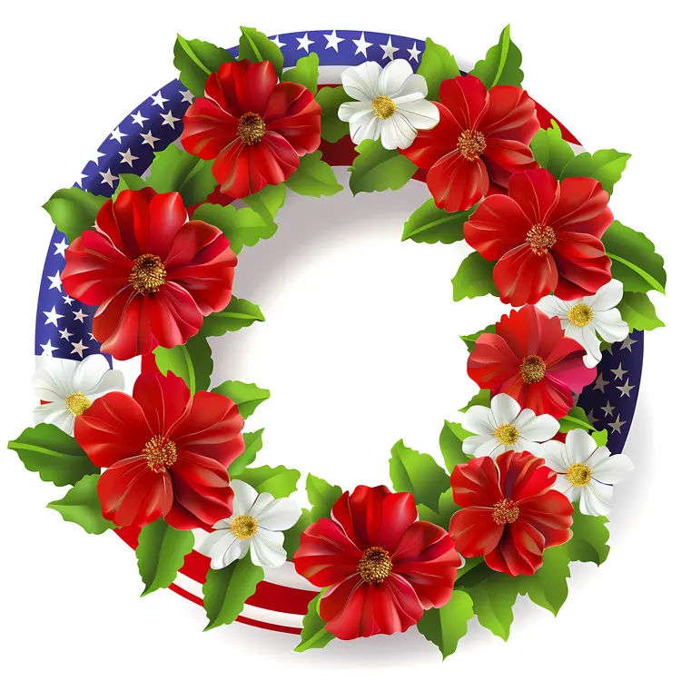Patriotic Wreath with American Flag and Flowers