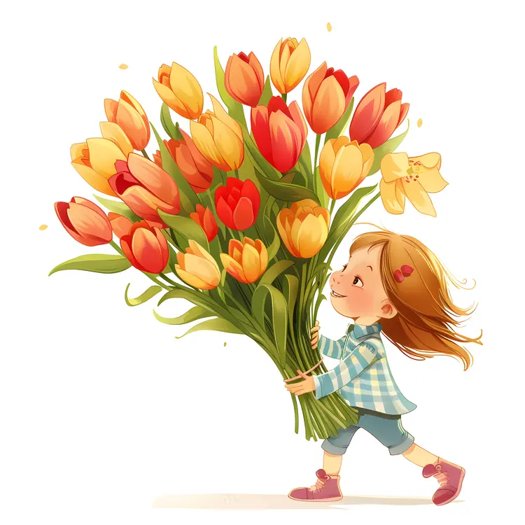 Happy Girl with a Huge Bouquet of Tulips