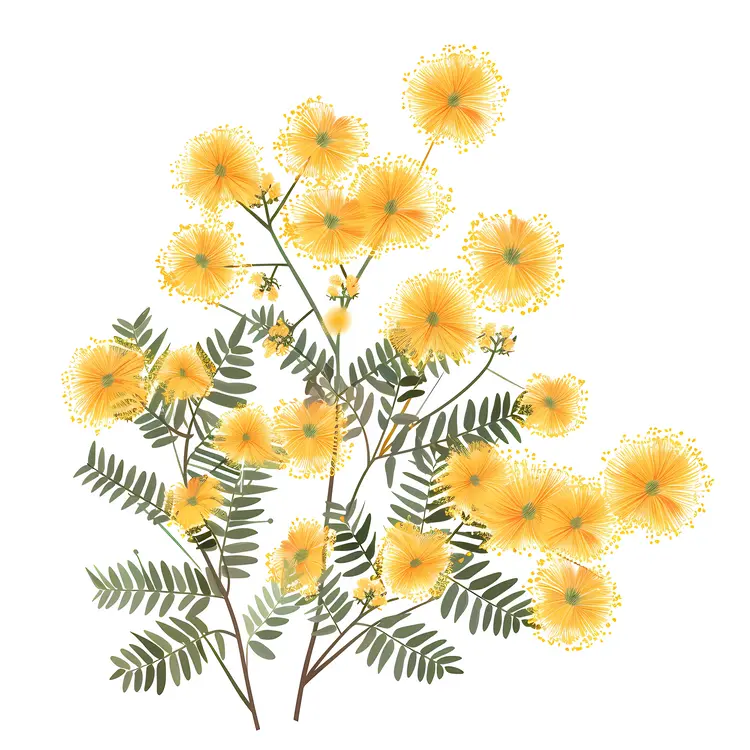 Botanical Illustration of Yellow Flowers with Green Leaves