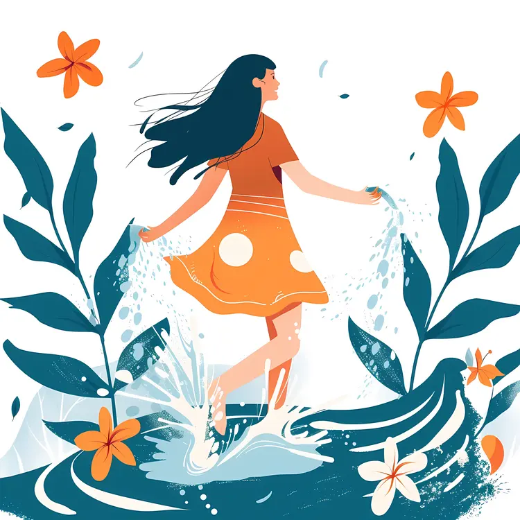 Joyful Girl Splashing Water with Flowers