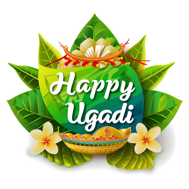 Happy Ugadi Greeting with Green Leaves