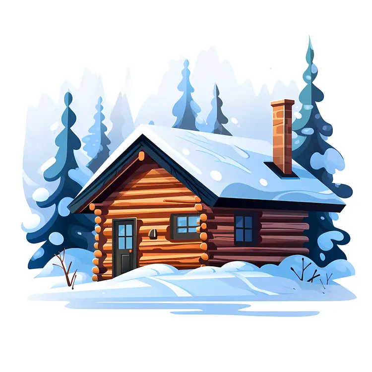 Snowy Log Cabin in Winter Forest