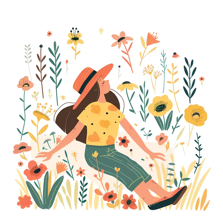 Girl Relaxing in a Flower Field