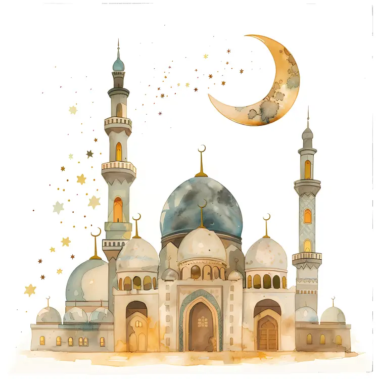 Watercolor Mosque with Crescent and Stars