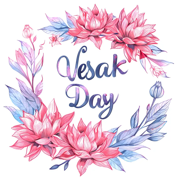 Pink Lotus Flowers in Watercolor Wreath for Vesak Day