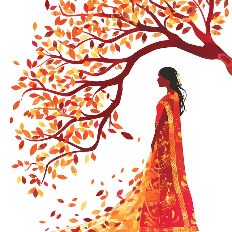 Woman in Red and Yellow Standing by Tree