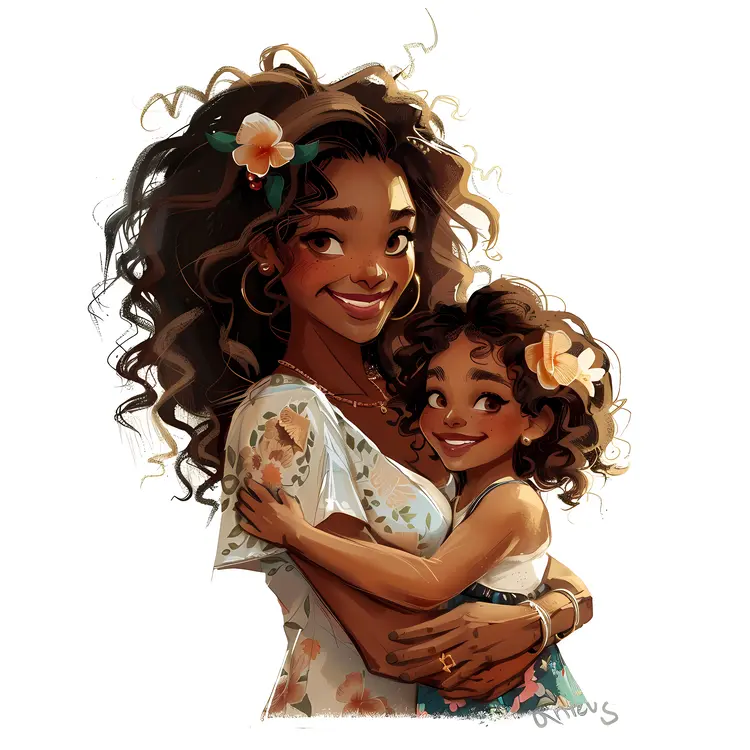 Mother and Daughter Embracing with Flowers