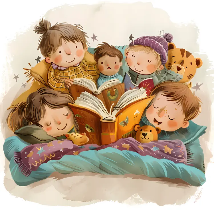 Children Reading a Book in Bed