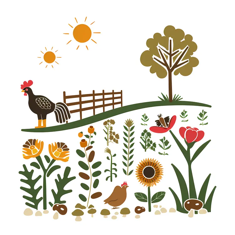 Farm Elements with Chickens and Plants