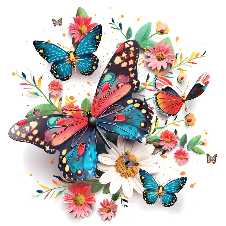 Vibrant Butterflies and Pink Daisies