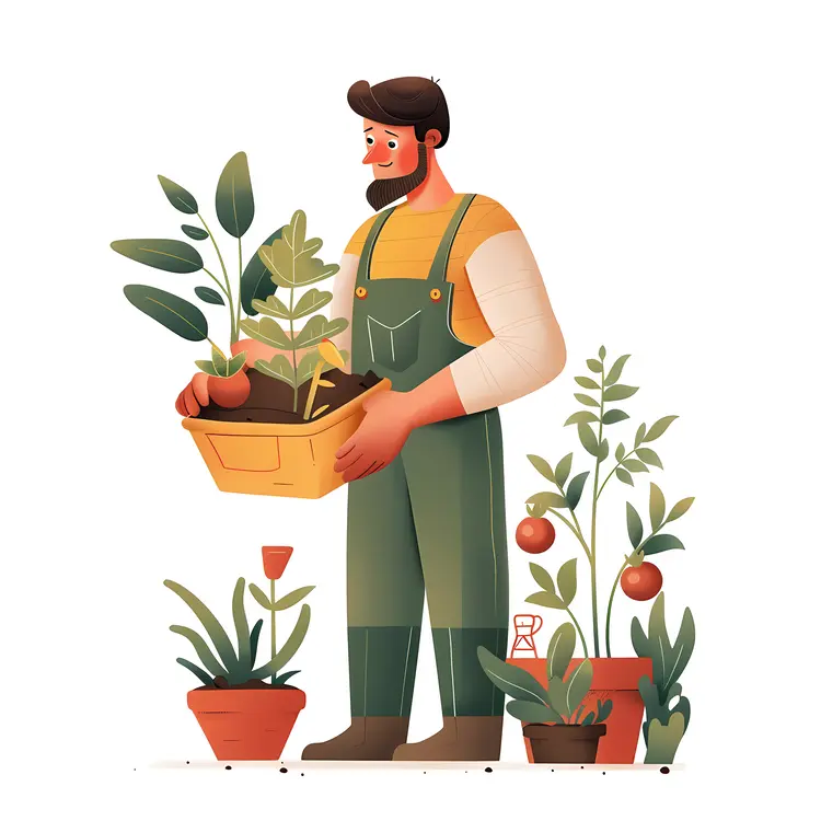 Gardener with Plants and Pots
