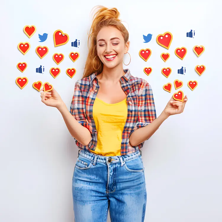 Happy Girl Using Phone with Social Media Icons