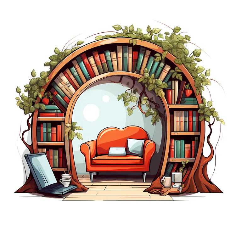 Red Sofa with Bookshelf and Plants