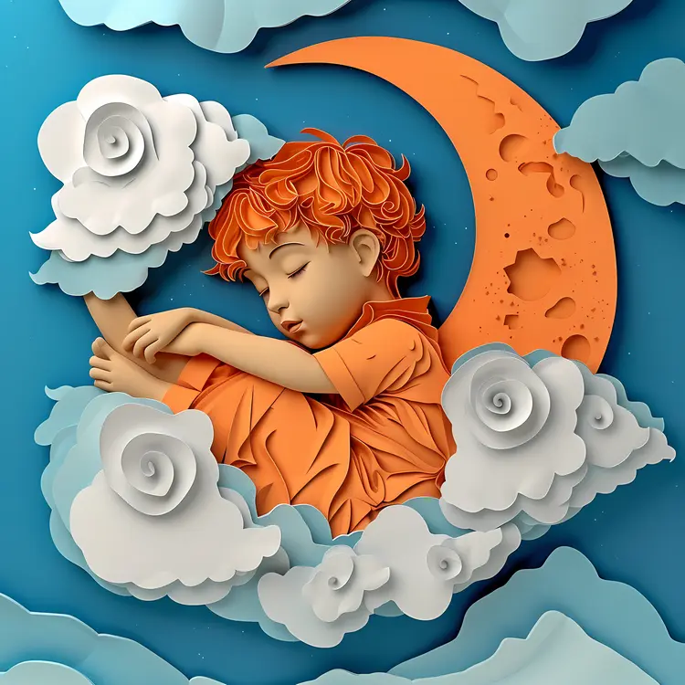 Sleeping Child on Crescent Moon with Clouds