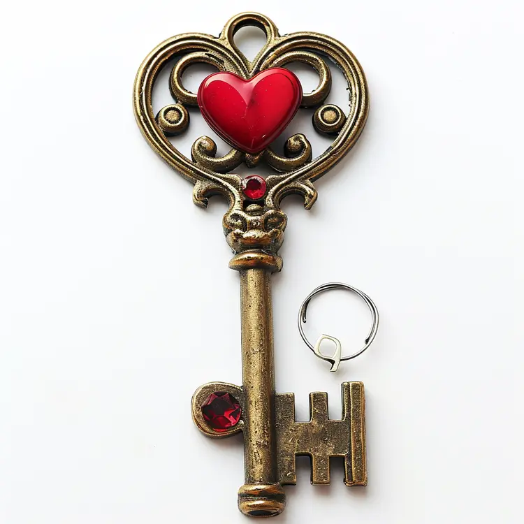 Ornate Heart-shaped Key with Red Heart
