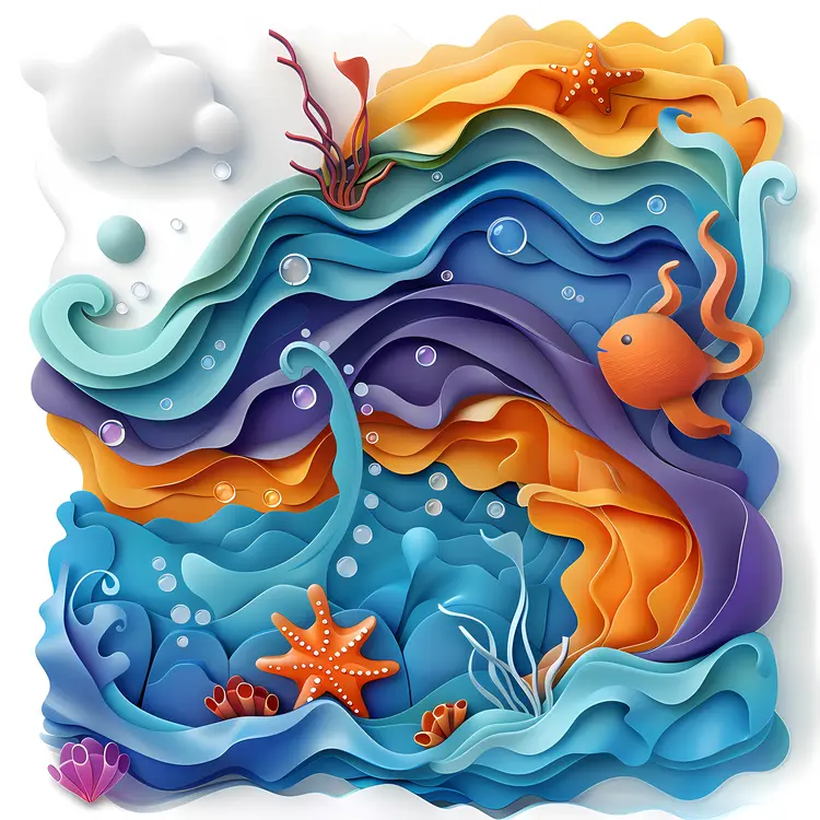 Colorful Underwater Scene with Waves and Starfish