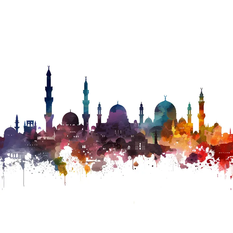 Colorful Mosque Skyline with Minarets and Domes