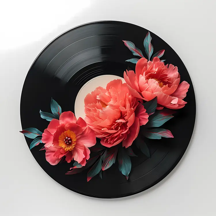 Vinyl Record with Beautiful Peonies
