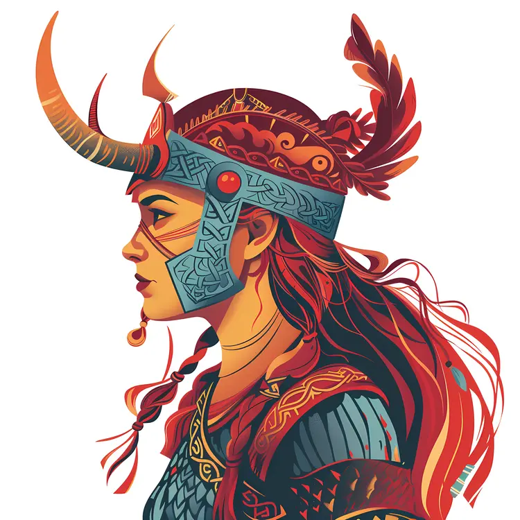 Viking Woman with Feathers and Horned Helmet
