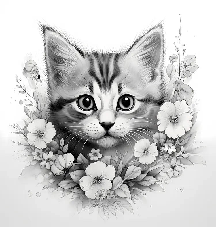 Black and White Kitten with Flowers