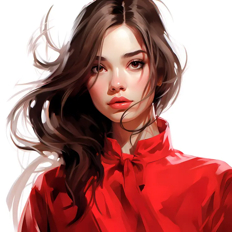 Woman in Red Blouse with Windblown Hair