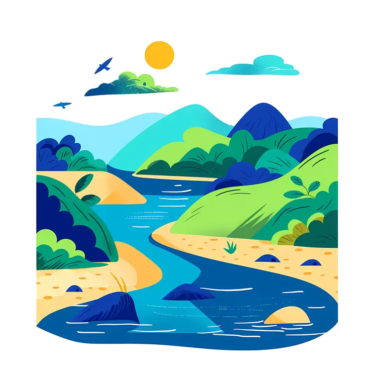 Sunny River Landscape with Green Hills