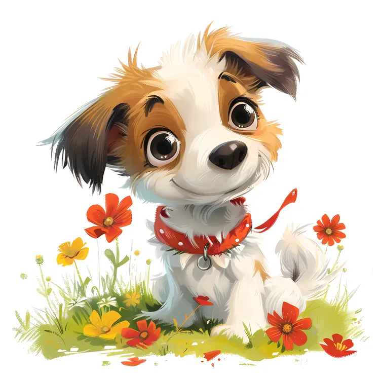 Cute Cartoon Puppy with Flowers