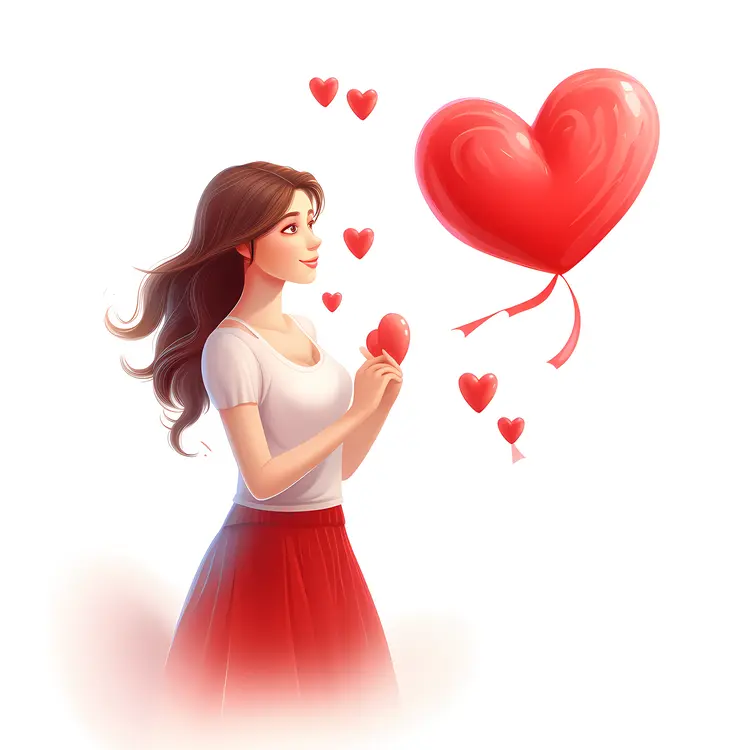 Girl Standing with Red Heart Balloons