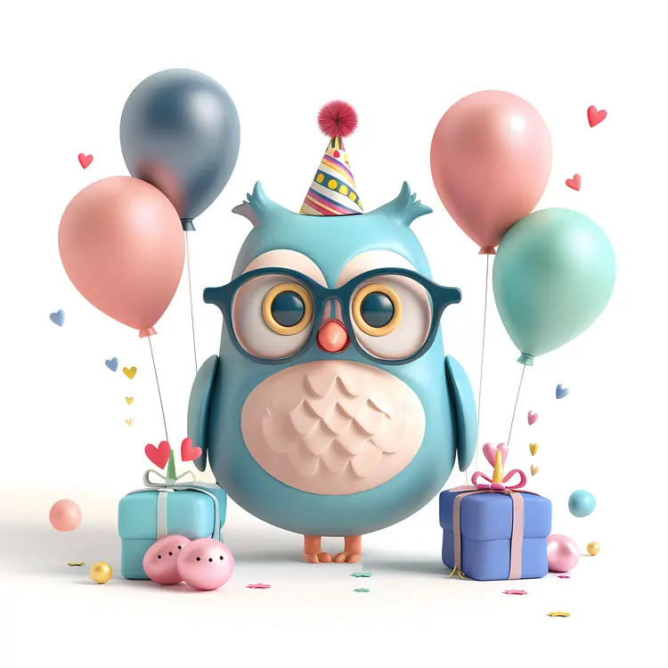 Owl with Balloons and Gifts