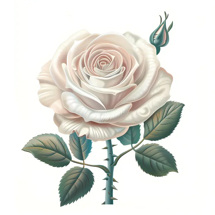 White Rose with Stem and Leaves