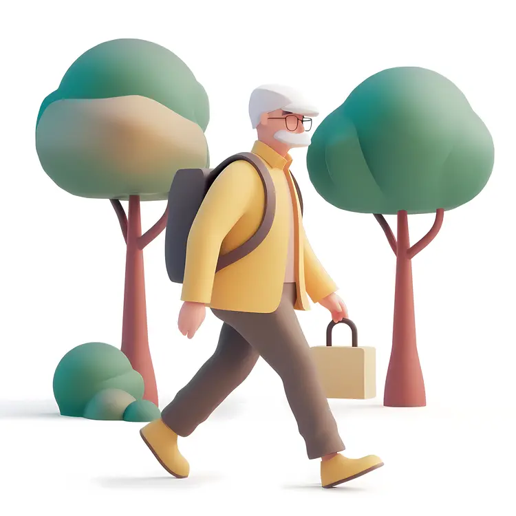 Elderly Man Walking with Backpack in Cartoon Style