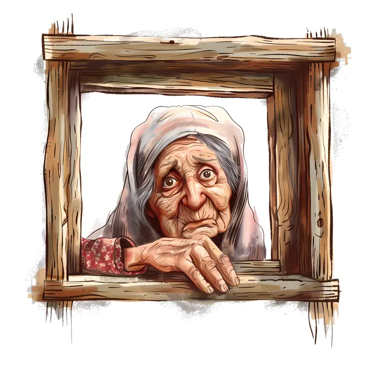 Old Woman in Wooden Frame Portrait