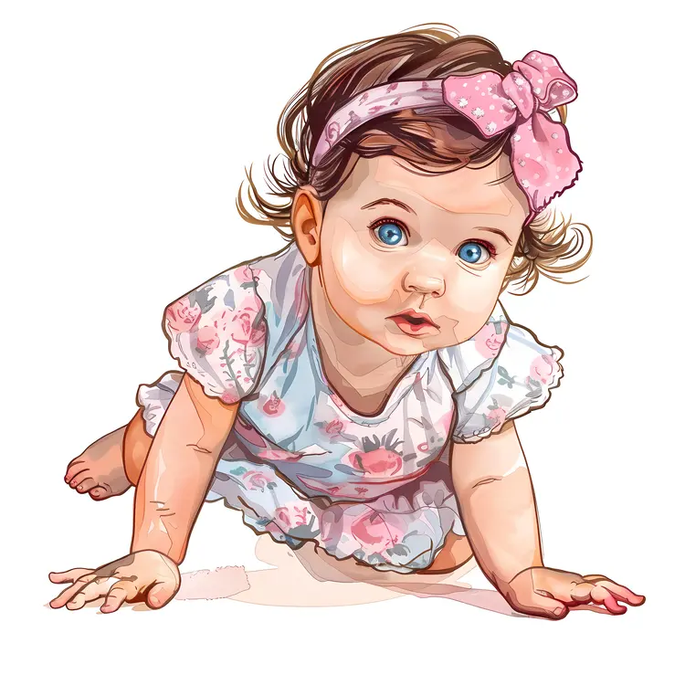 Baby Girl Crawling with Pink Headband