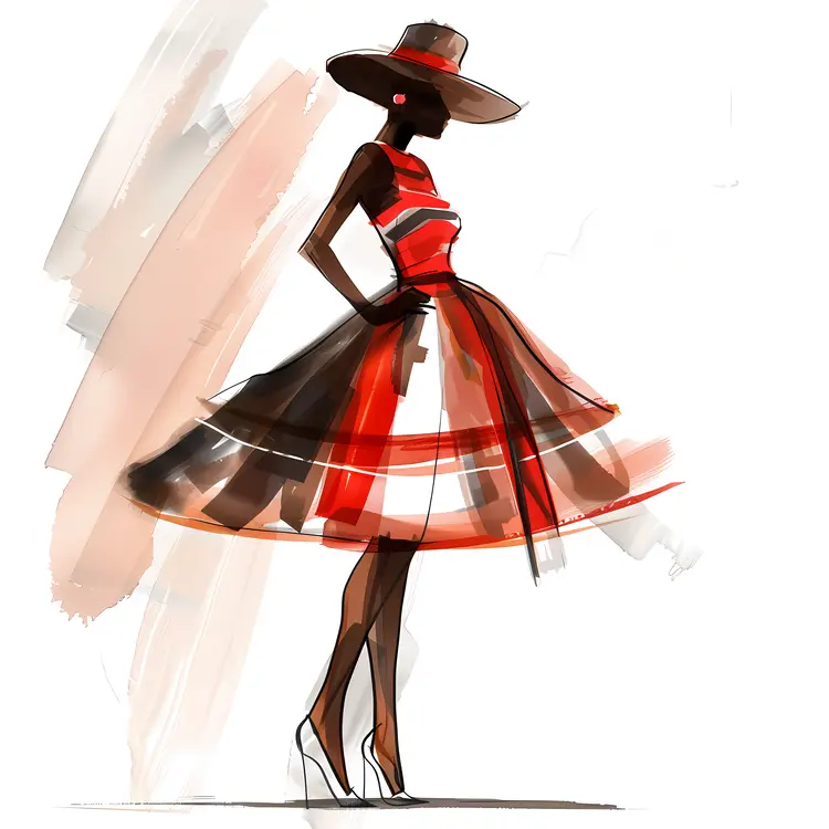 Fashion Illustration of Woman in Dress and Hat