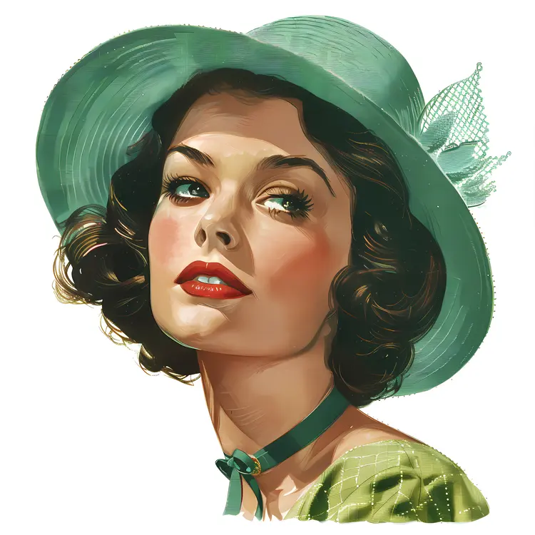 Stylish Woman in Green Hat with Retro Look