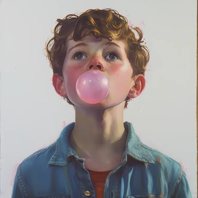 Boy with Curly Hair Blowing Bubblegum