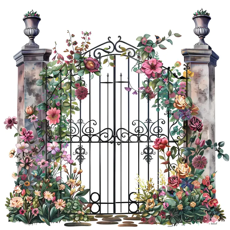 Vintage Floral Gate with Colorful Flowers
