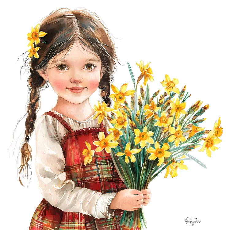 Girl Holding a Bunch of Daffodils