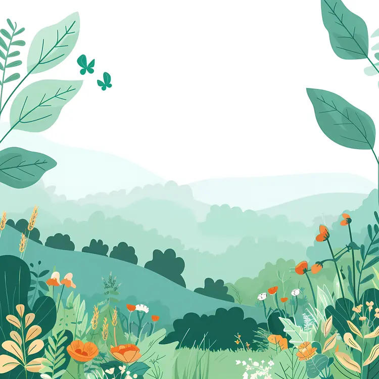 Beautiful Green Hills with Flowers and Butterflies
