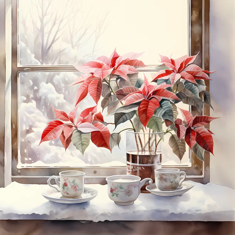 Red Poinsettia by the Window with Coffee Cups