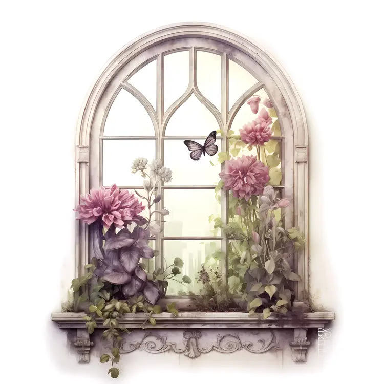 Charming Window with Flowers and Butterfly