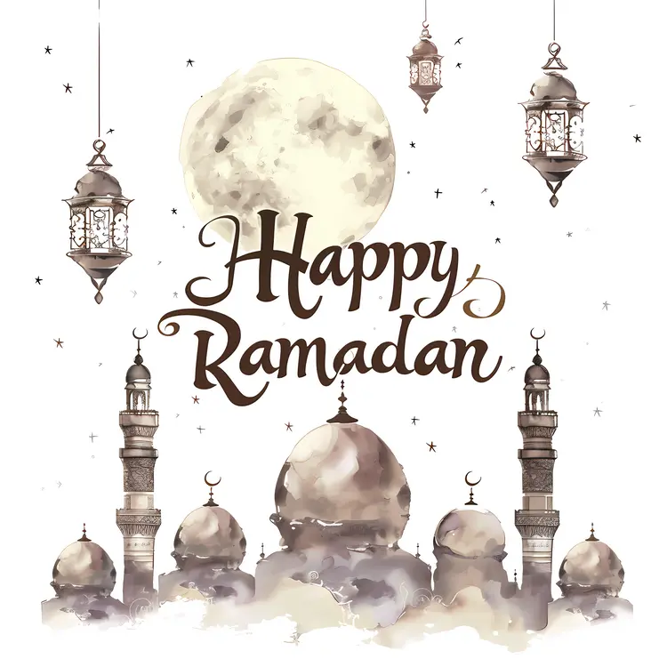 Happy Ramadan Celebration with Moon and Lanterns
